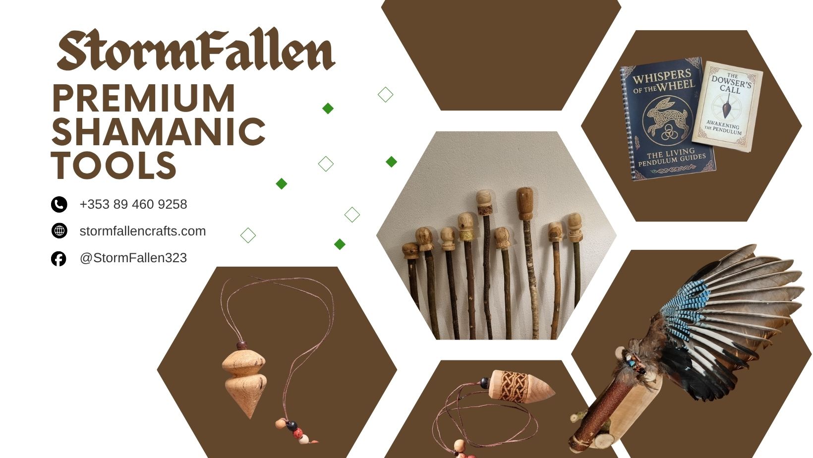 A quick look at what is made here at StormFallen Crafts. Books on dowsing, hand-turned pendulums, walking sticks and smudge fans.
